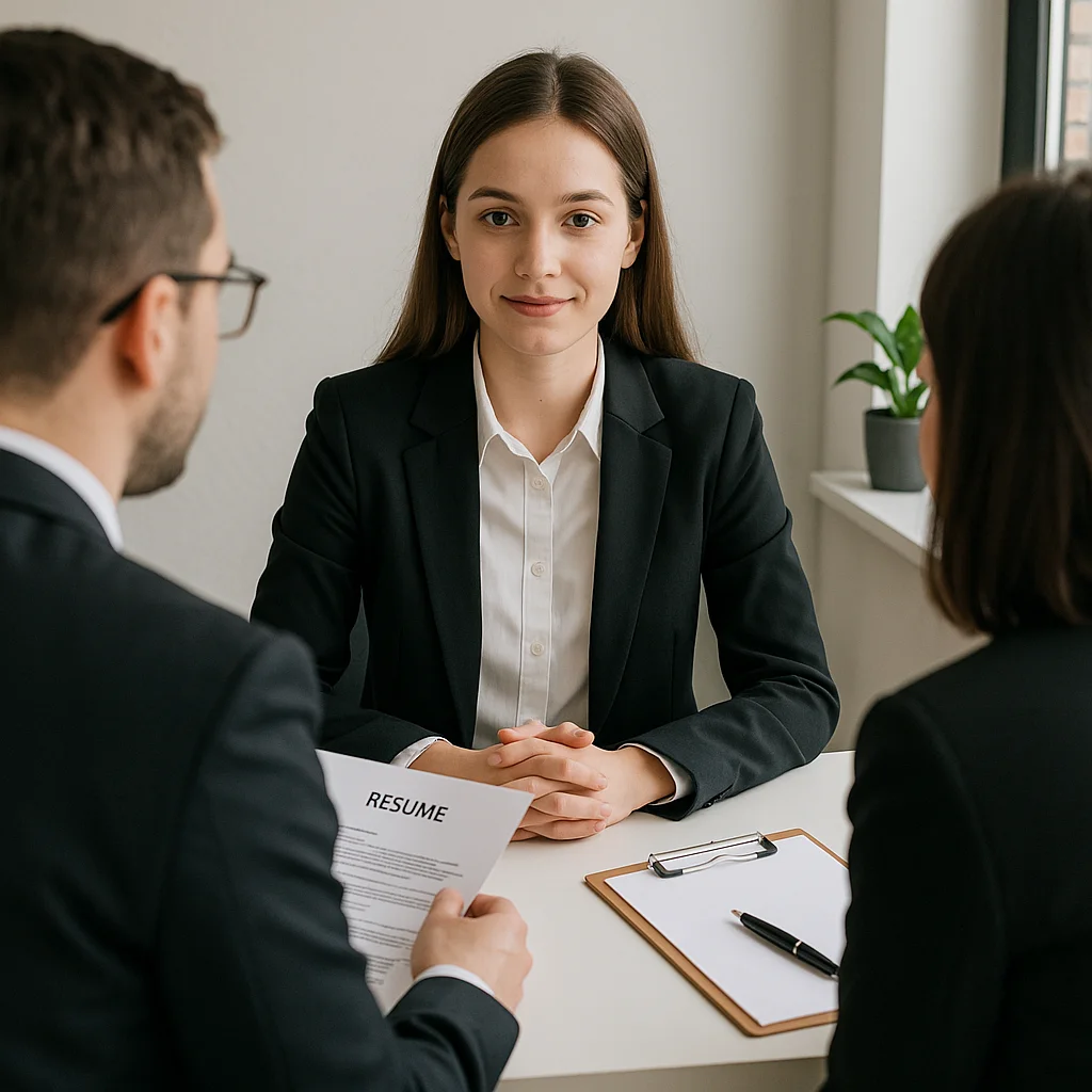 Woman in formal attire interviewed by two people in a modern office.